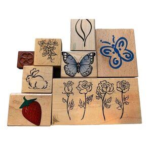 Wooden Rubber Stamps Set Flowers Fruits Rabbit Butterfly Craft Lot